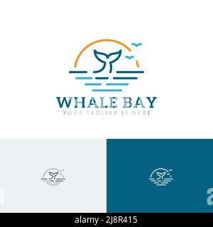 Sun Whale Bay Beach Coast Sea Nature Wildlife Logo Im Monoline-Stil Stock Vektor