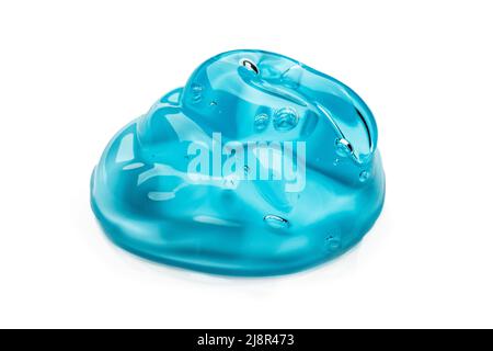 Blauer Gelbehälter isoliert auf weißem Hintergrund von oben. Transparentes Gel mit Blasen aus der Nähe Stockfoto