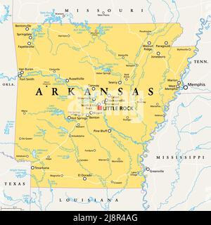 Arkansas, AR, politische Karte, mit der Hauptstadt Little Rock und den größten Städten, Seen und Flüssen. Binnenstaat im Süden der Vereinigten Staaten. Stockfoto