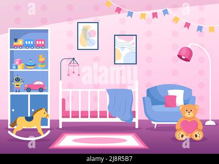 Gemütliches Kinderzimmer mit Möbeln wie Bett, Spielzeug, Kleiderschrank, Nachttisch, Vase, Kronleuchter im modernen Stil in Cartoon Vektor Illustration Stock Vektor