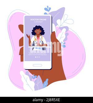 Online-Medizin-Konzept mit schwarzer Ärztin und Smartphone-App. Stock Vektor