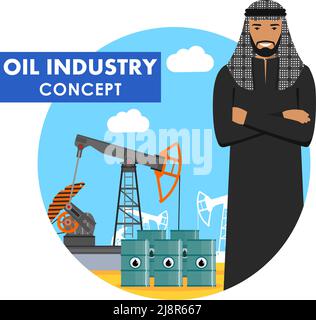 Detaillierte Illustration des arabisch-muslimischen Geschäftsmannes, Ölpumpe und Fässer mit Treibstoff in flachem Stil auf blauem Hintergrund. Stock Vektor