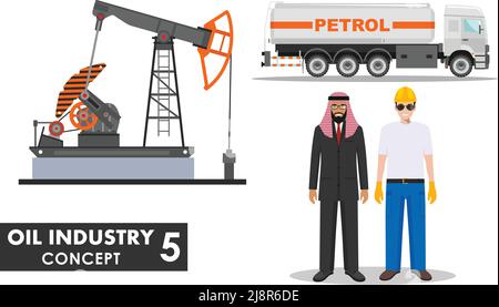 Detaillierte Abbildung von Benzin-LKW, Ölpumpe, Geschäftsmann, Ingenieur und arabischen Männern in flachem Stil auf weißem Hintergrund. Stock Vektor