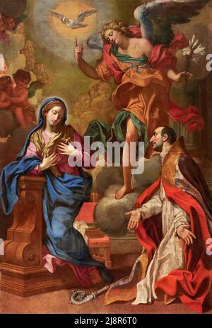 Annunciazione con San Carlo Borromeo - olio su tela - pittore bresciano del XVII secolo - Cellatica (Bs),Italia, chiesa parrocchiale di San Giorgio Stockfoto