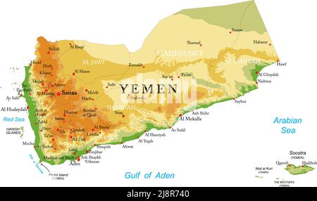 Hochdetaillierte physische Karte des Jemen im Vektorformat, mit allen Reliefformen, Regionen und großen Städten. Stock Vektor