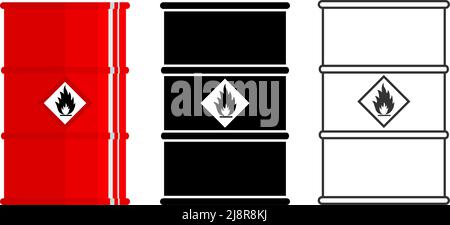 Verschiedene Metallfässer für radioaktive, toxische, gefährliche, gefährliche, explosive, Entzündliche und giftige Substanzen. Vektorgrafik Stock Vektor
