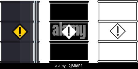 Verschiedene Metallfässer für radioaktive, toxische, gefährliche, gefährliche, explosive, Brennbare und giftige Substanzen und Flüssigkeiten. Vektorgrafik. Stock Vektor