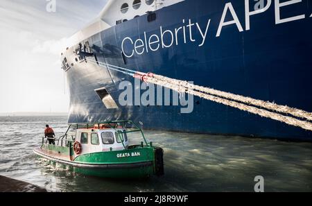 Cobh, Cork, Irland. 18.. Mai 2022. Landarbeiter beobachten, wie die Besatzungsmitglieder des Kreuzfahrtschiffs Celebrity Apex Spannung auf die Anlegestellen bringen, während sie sich am Tiefwasserliegeplatz in Cobh, Co. Cork, Irland, festmachen. - Credit; David Creedon / Alamy Live News Stockfoto