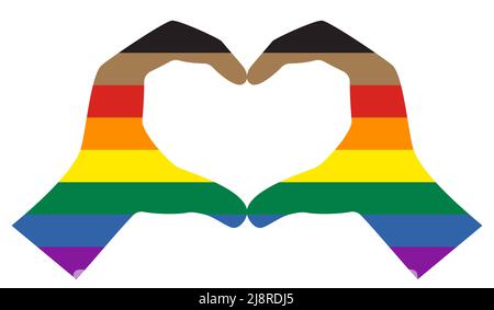 Geste der Hände, die wie ein Herz gefaltet sind, mit der neuen Pride-Flagge im Inneren. Symbol auf weißem Hintergrund isoliert. Symbol der LGBT-Gemeinschaft. Vektorgrafik Stock Vektor