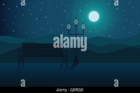 Nachtgarten Mondlandschaft mit Stuhl und Straßenlaternen Stock Vektor