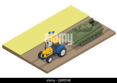 Isometrischer Traktor mit ukrainischer Flagge zieht einen russischen BMP oder Tank. Ukrainisch im Krieg. Russland ist der Aggressor. Stock Vektor