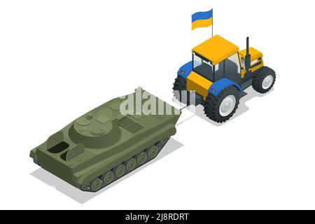 Isometrischer Traktor mit ukrainischer Flagge zieht einen russischen BMP oder Tank. Ukrainisch im Krieg. Russland ist der Aggressor. Stock Vektor