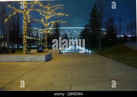 Nachtwinterpark mit Wanderwegen, die von hellen Scheinwerfern auf Rasen und Bäumen in Girlanden beleuchtet werden. Abends glühende weihnachtsarchitektur Stockfoto