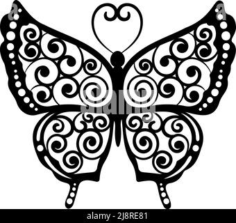 Schöne komplizierte schwarz-weiße ornamentale Kontur Vektor Schmetterling Illustration isoliert auf einem weißen Hintergrund für Grafik-Design, Textil, Typografie Stock Vektor