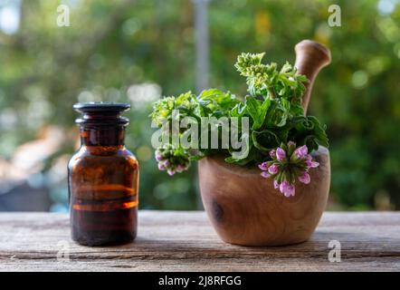 Glasflasche aus ätherischem Öl aus Zitronengeranium auf Holztisch, Nahaufnahme. Aromatherapie-Öl, Mückenschutz, verwischen Natur Hintergrund Stockfoto