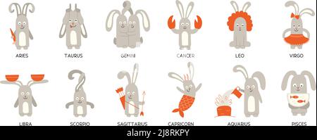Set von niedlichen lustigen Tierkreiskaninchen. Zwölf Tierkreiszeichen. Widder stier zwillinge Krebs löwe jungfrau waage skorpion schütze steinbock wassermann fische. Hae Stock Vektor