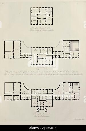 PLAN DER HAUPTGESCHOSSE VON PRESTON-HALL, DEM SITZ VON SIR JOHN CALLANDER. BART. In der Grafschaft Mid-Lothian [Preston Hall, oder Prestonhall, ist ein Herrenhaus aus dem späten 18.. Jahrhundert in Midlothian, südlich von Edinburgh, Schottland. Es liegt 1,5 Kilometer (0,93 Meilen) nördlich von Pathhead auf der Ostseite des Tyne Water, gegenüber von Oxenfoord Castle auf der Westseite. Das Haus, zusammen mit mehreren Wohngebäuden, ist das Werk des Architekten Robert Mitchell (fl. 1770–1809), und sind als denkmalgeschützte Gebäude der Kategorie A geschützt, das höchste Schutzniveau für ein historisches Gebäude in Schottland] Stockfoto