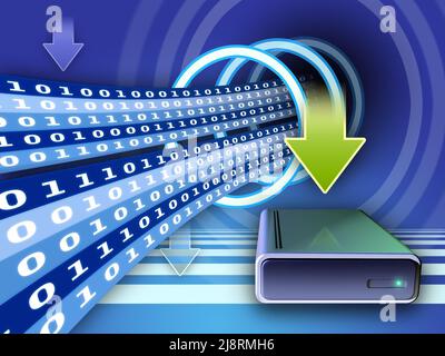 Schreiben von Daten auf eine externe Festplatte. Digitale Illustration Stockfoto