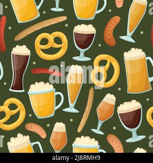 Vector Nahtloses Muster mit Bierkrügen, Flaschen, deutschen Würstchen und Brezeln. Alkoholische Getränke. Stock Vektor
