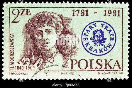 MOSKAU, RUSSLAND - 14. MAI 2022: Die in Polen gedruckte Briefmarke zeigt Helena Modrzejewska (1840-1909), Schauspielerin, altes Theater, Krakauer Serie, um 1981 Stockfoto