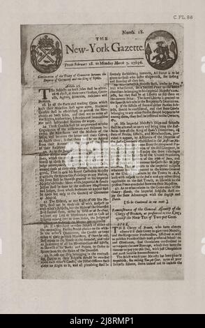 The New-York Gazette, Nr. 18, Februar 28 – 7. März 1725-6 aus der Ikonographie von Manhattan Island, 1498-1909 zusammengestellt aus Originalquellen und illustriert mit Foto-Tiefdruck-Reproduktionen wichtiger Karten, Pläne, Ansichten und Dokumente in öffentlichen und privaten Sammlungen - Band 2 von Stokes, I. N. Phelps (Isaac Newton Phelps), 1867-1944 Verlag New York : Robert H. Dodd 1915. Einschließlich Kartographie: Ein Essay über die Entwicklung von Wissen über die Geographie der Ostküste von Nordamerika; Manhattan Island und seine Umgebung auf frühen Karten und Karten / von F.C. Wieder und I.N. Phelps Sto Stockfoto