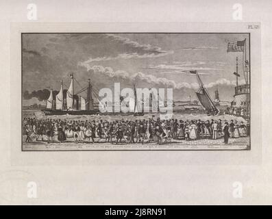 ANKUNFT DES GROSSEN WESTERN-DAMPFSCHIFFES vor New York am Montag, den 23.. April 1838 die Ikonographie von Manhattan Island, 1498-1909, zusammengestellt aus Originalquellen und illustriert mit Foto-Tiefdruck-Reproduktionen wichtiger Karten, Pläne, Ansichten, Und Dokumente in öffentlichen und privaten Sammlungen - Band 3 von Isaac Newton Phelps Stokes, Verlag New York : Robert H. Dodd 1918 Stockfoto