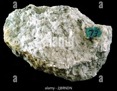 Franklin Marble (Dolomitmarmor), Franklin, Essex County, New Jersey. Diese Probe des Franklin Marmors besteht hauptsächlich aus Dolomit. Die wenigen dunklen Mineralkörner sind Graphit und Phlogopit. Dieses Exemplar hat einen Durchmesser von 10 cm. Stockfoto