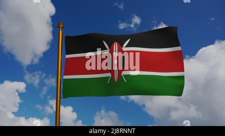 Nationalflagge Kenias winkt 3D Render mit Fahnenmast und blauem Himmel, Flaggen-Textil der Republik Kenia mit Maasai-Schild, Wappen Kenias Unabhängigkeit Stockfoto