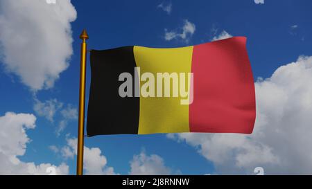 Nationalflagge Belgiens winkt 3D Render mit Fahnenmast und blauem Himmel, Wappen des Königreichs Belgien von Royaume de Belgique, Drapeau belge oder Belgier Stockfoto