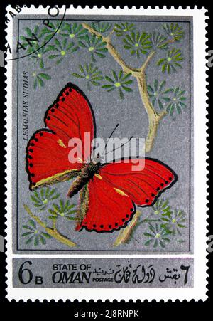 MOSKAU, RUSSLAND - 14. MAI 2022: Briefmarke in Cinderellas zeigt Red Butterfly Lemonias Sudias, Serie, um 1972 Stockfoto