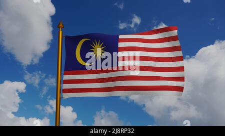 Nationalflagge Malaysias winkt 3D Render mit Fahnenmast und blauem Himmel, Flaggen-Textil der Republik Malaysia oder Jalur Gemilang, malaysisches Wappen Stockfoto