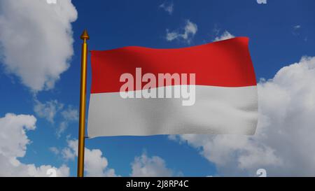 Nationalflagge Indonesiens winkt 3D Render mit Fahnenmast und blauem Himmel, Textilflagge der Republik Indonesien, entworfen von Fatmawati, Wappen Stockfoto