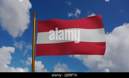 Nationalflagge Österreichs winkt 3D Render mit Fahnenmast und blauem Himmel, flagge osterreichs Nation Österreich, österreichischer Flaggenstoff, österreichisches Triband, Flagge Stockfoto