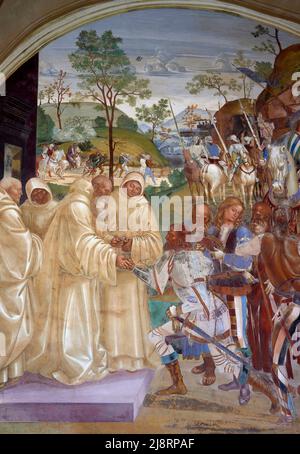 Storie di San Benedetto - particolare da „ San Benedetto riconosce e accoglie Totila “ - affresco - Luca Signorelli - 1495 - Monte Oliveto Maggiore (S Stockfoto