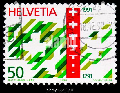 MOSKAU, RUSSLAND - 14. MAI 2022: Die in der Schweiz gedruckte Briefmarke zeigt eine symbolische Darstellung von 700 Jahren Schweizer Eidgenossenschaft, Serie, um 1990 Stockfoto