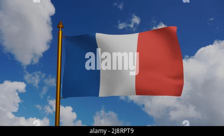 Nationalflagge Frankreichs winkt 3D Render mit Fahnenmast und blauem Himmel, Drapeau francais tricolor oder French Tricolor, alte französische Farbe oder Kakade Stockfoto