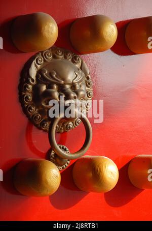 Detail einer traditionellen chinesischen Tür im Xiaoling Mausoleum der Ming-Dynastie in Nanjing, Provinz Jiangsu, China. Rote Tür mit Löwengriff. Stockfoto