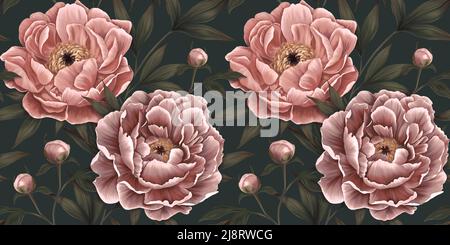 Nahtloses Blumenmuster. Botanische Tapete mit realistischen Pfingstrosen, dunkler Hintergrund. Vintage handgezeichnete Blumen, Knospen, Blätter für Tapeten, Stoffe Stockfoto