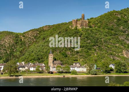 Wellmich, Burg Maus und der Rhein, Welterbe Oberes Mittelrheintal, Sankt Goarshausen, Rheinland-Pfalz, Deutschland | Wellmich, Maus Castle und t Stockfoto