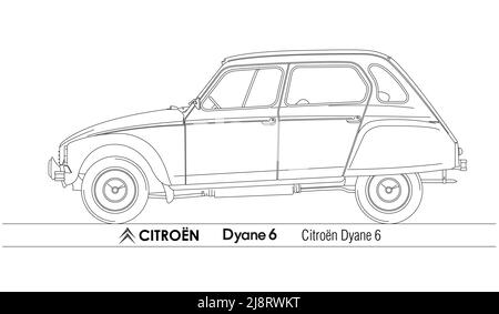 Frankreich, Jahr 1970, die Silhouette von 6, skizzierte Zeichnung, Vektor-Illustration Stockfoto