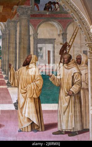 Storie di San Benedetto - particolare da “ Il Santo fa edificare dodici monasteri “ - affresco - Sodoma - 1505 - Monte Oliveto Maggiore (Si),Italia, Stockfoto