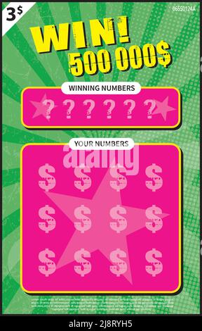 Pink und grün Instant Scratchoff Lotterie Ticket Design Vektor Illustration Stock Vektor