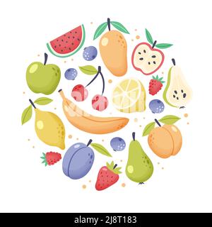 Sommerliche Obstkollektion, saisonale Elemente in kreisförmiger Form. Frische tropische und Gartenfrüchte Doodle, biologisch biologische vegane Nahrung. Niedlicher Cartoon Stock Vektor