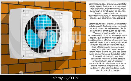 Die Klimaanlage hängt an der Ziegelwand des Wohnhauses. Aufrechterhaltung einer angenehmen Temperatur im Büro. Cartoon-Konzept-Vektor Stock Vektor