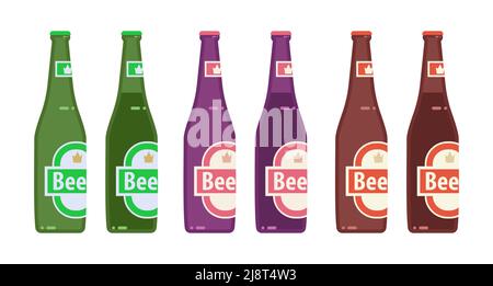 Set flacher Bierflaschen isoliert auf weißem Hintergrund für Druck und Design. Vektorgrafik. Stock Vektor