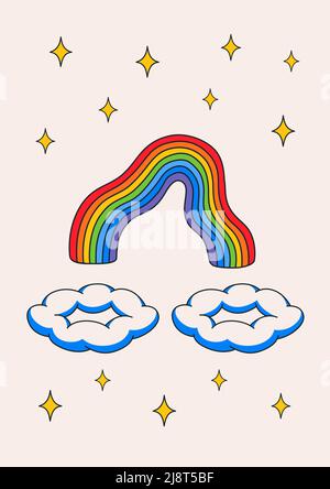 Cartoon Vektor lustige niedliche Comic-Figuren, Regenbogen-Poster. Stock Vektor