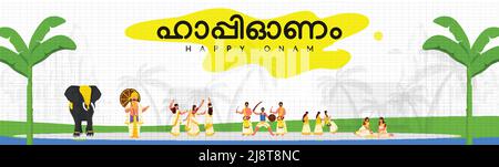 Happy Onam Geschrieben Von Malayalam Language Mit Südindischen Menschen Feiern Festival, König Mahabali Und Elefant Auf Weißem Hintergrund. Stock Vektor