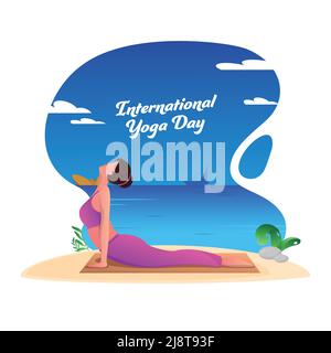 International Yoga Day Poster Design Mit Young Lady Üben Bhujangasana Pose Auf Weißem Und Blauem Meer Hintergrund. Stock Vektor