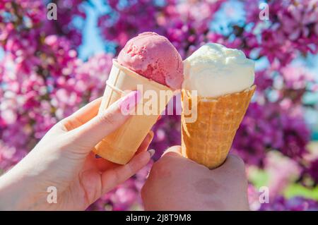 Zwei Eiscreme in den Händen auf Blumenhintergrund Stockfoto