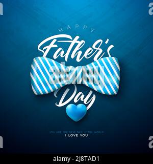 Glückwunschkarten-Design mit gestreifter Fliege und blauem Herzen auf dunkelblauem Hintergrund. Vektor Vatertag-Fest Illustration für Stock Vektor